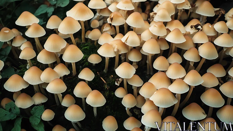 Dense cluster of pale forest mushrooms forms textured canopy