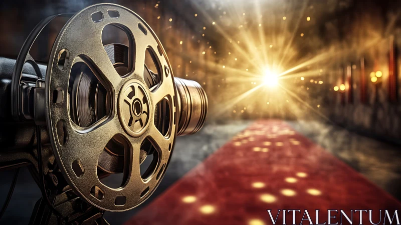 Golden film reel glowing over a red carpet of memories.