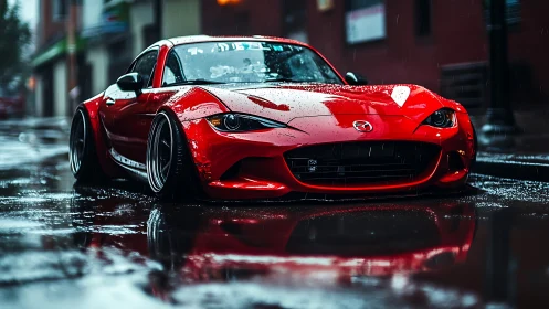 Stanced red Mazda MX-5 in rainy urban street reflection