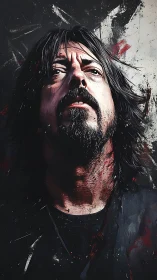 Brooding rocker gazes upward in a storm of bold paint strokes