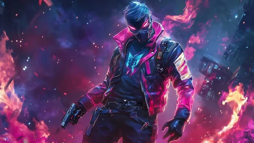 Masked gunman in neon jacket amid urban flames at night.