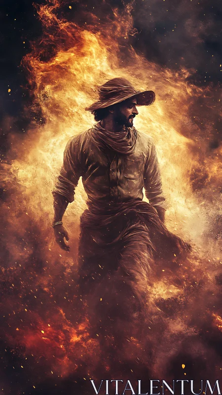 Desert wanderer strides through roaring inferno storm.