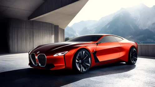 Red BMW concept coupe under concrete canopy, alpine backdrop.