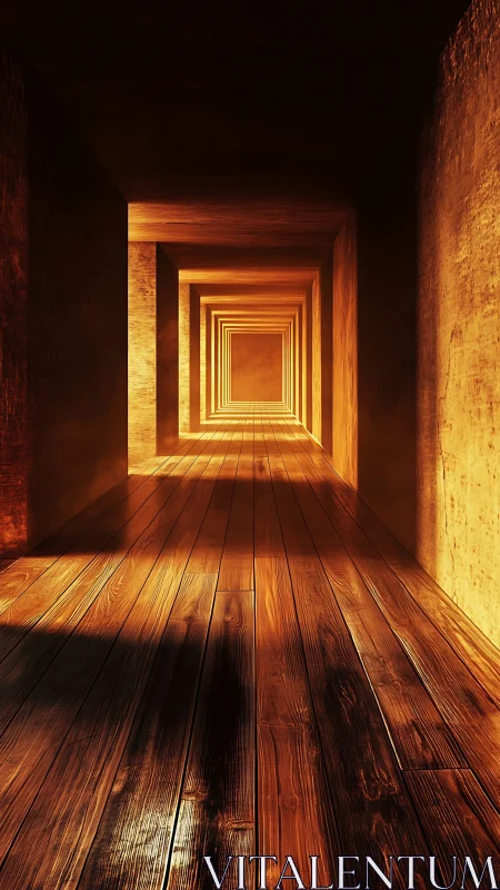 Linear wooden corridor recedes toward a bright central void