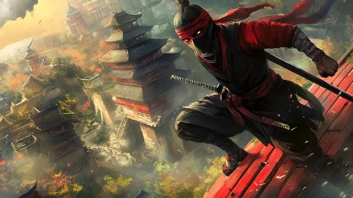 Masked ninja crouches above dense ancient cityscape at dusk