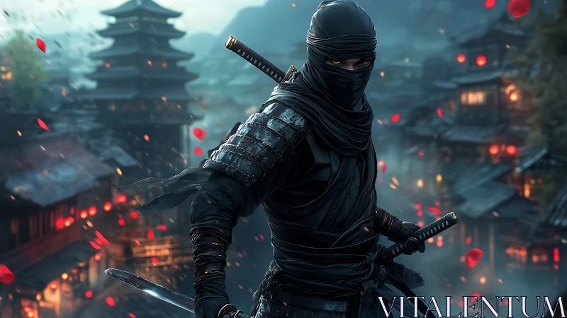 Masked ninja with twin swords in lantern lit town at night.