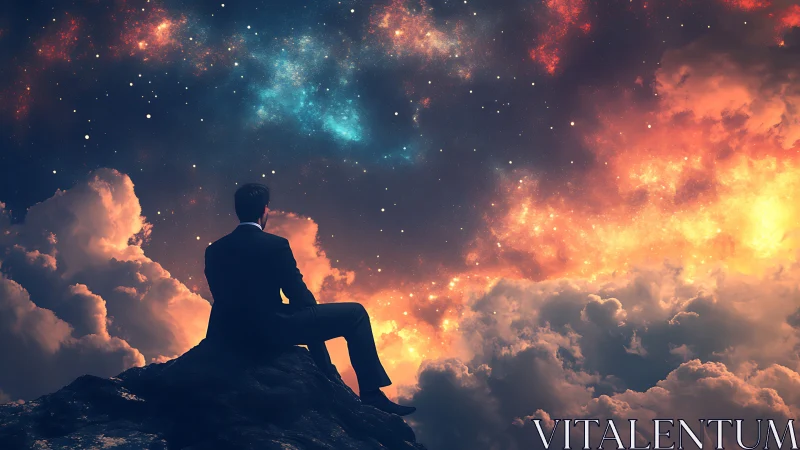 Man in formal suit observes luminous nebula from cliff edge