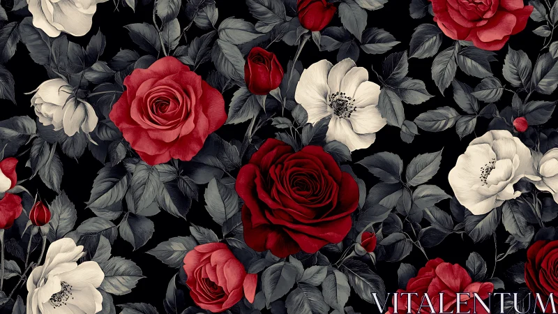 Botanical Illustration with Red Roses and White Anemones on Black Background