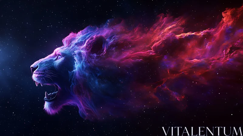 Cosmic nebula lion roaring through ultraviolet starlit void.