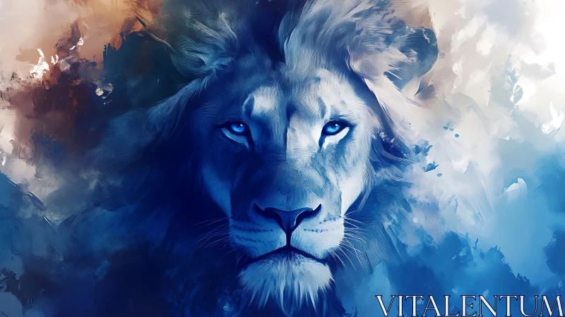 Blue toned lion portrait merges with abstract paint clouds