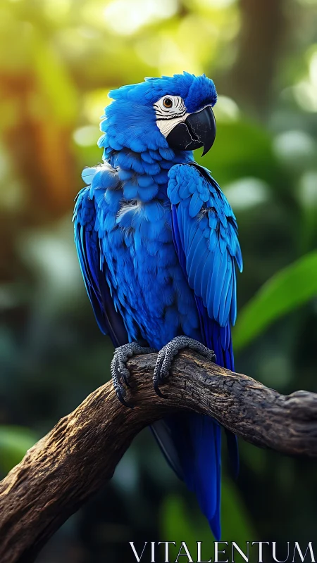 Hyacinth blue parrot perched on branch in forest habitat.
