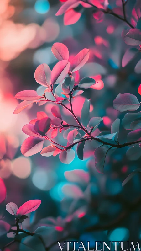 Neon dusk leaves basking in candyfloss woodland glow.