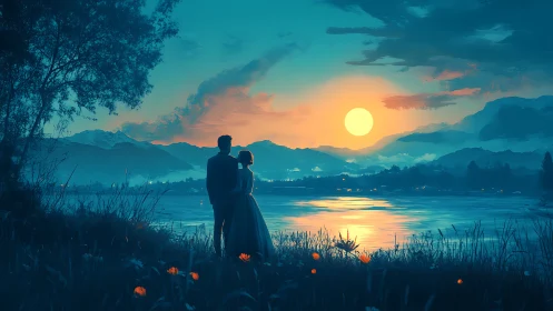 Couple watches golden sunset over tranquil mountain lake.