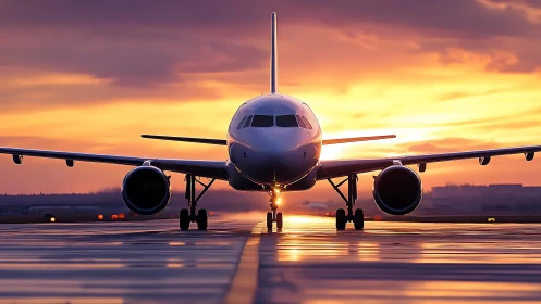 Passenger jet lines up on wet runway at vivid sunset