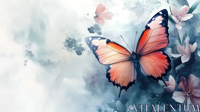 Softly painted butterfly drifting through dreamy blossoms.