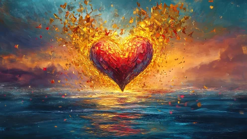 Burning Heart Collides with Ocean: Golden Fiery Explosion Over Turquoise Waters.