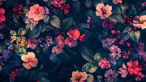 Botanical floral arrangement with saturated pink blooms against deep teal background.