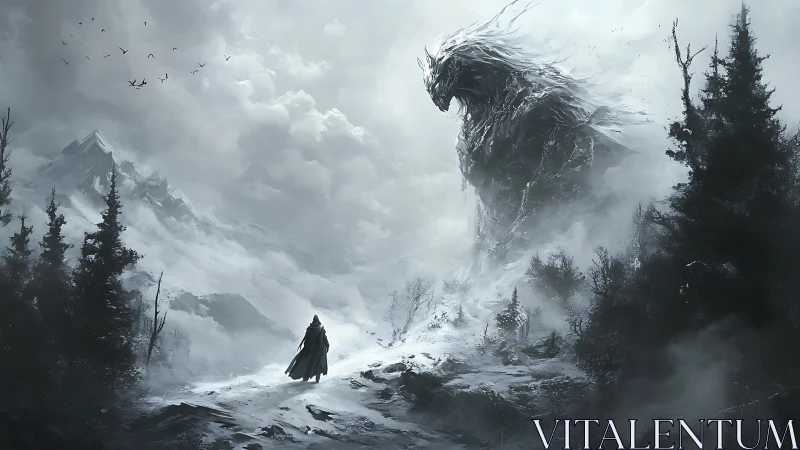 Solitary cloaked figure confronts colossal spectral ice titan in blizzard