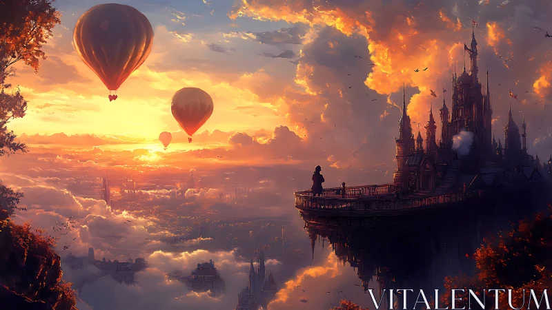 Floating castle terrace with hot air balloons at sunset.