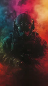 Tactical soldier silhouette in vivid dual-color smoke field