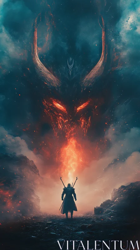 Armored warrior confronts colossal fiery dragon apparition