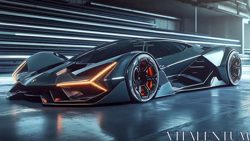 Futuristic hypercar with angular bodywork and neon lighting.