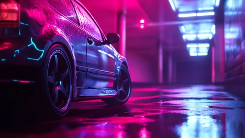 Neon garage night drive with a sleek city cruiser.