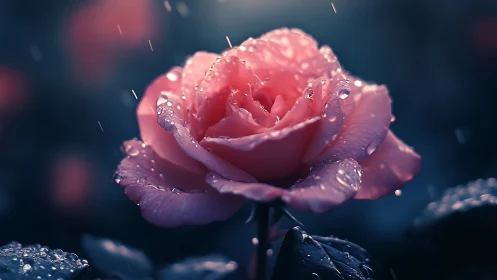 Pink rose with water droplets under directional lighting.