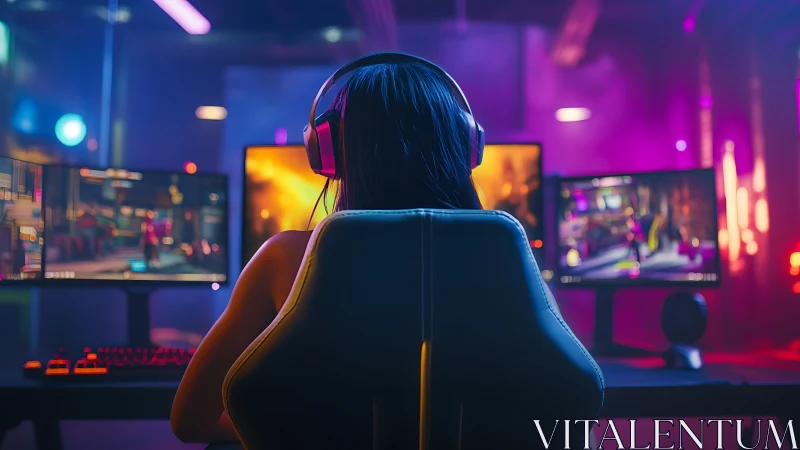 Person uses triple-monitor gaming workstation in neon room