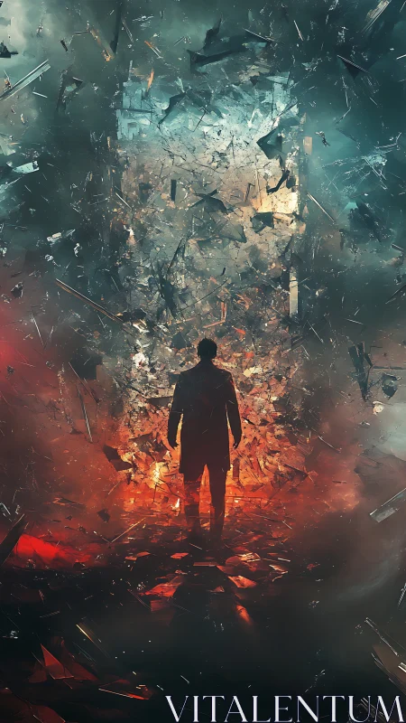 Silhouetted figure walks through shattering fiery gateway