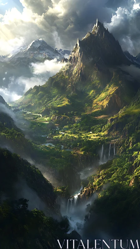 Sunlit fantasy peaks rise above a lush valley sanctuary