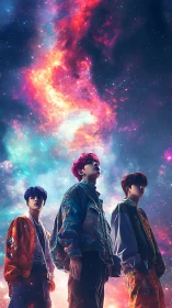 Neon-haired trio gaze upward beneath blazing cosmic nebula.