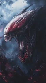 Monstrous black entity with exposed red jaw in stormy sky.
