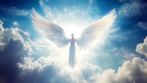 Radiant celestial angel in luminous backlit cloudscape.
