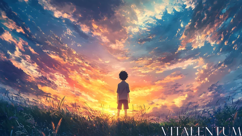 Backlit child silhouette studies luminous, high-contrast sunset sky