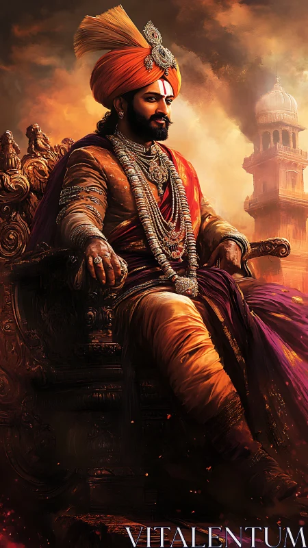 Regal warrior king resting in sunset-tinted splendor.