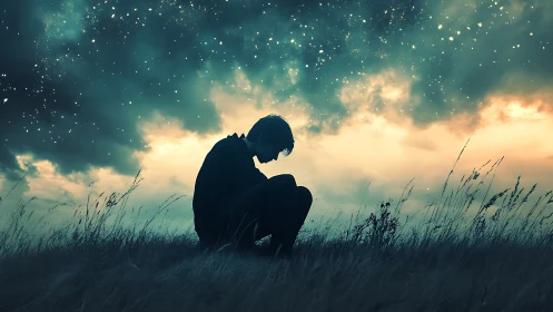 Quiet soul resting under a dreamy, star lit twilight sky.