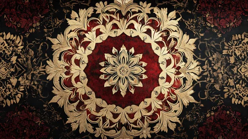 Ornate gilded mandala on distressed crimson tapestry.