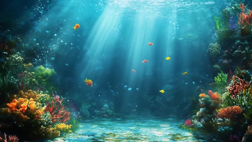 Sunlit coral cathedral with drifting golden reef wanderers.