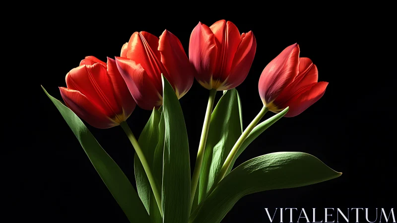Red tulips with green stems against black background.