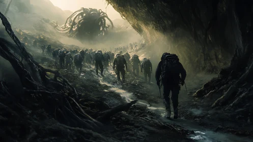 March toward the alien colossus in misted cavern gorge.