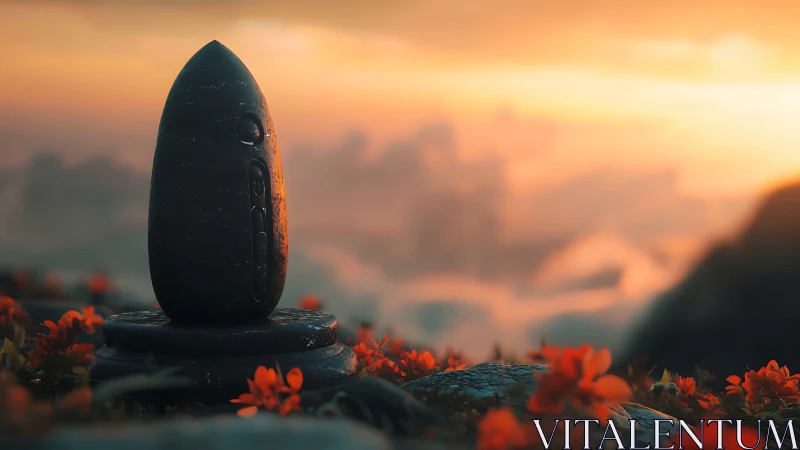 Stone monolith stands on floral foreground at diffuse sunset