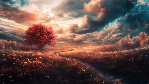 Red tree in glowing meadow under dramatic storm sky.