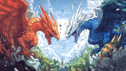 Two elemental dragons clash midair above rocky forest valley