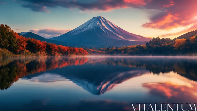 Snow-capped mountain over calm lake with autumn forest.