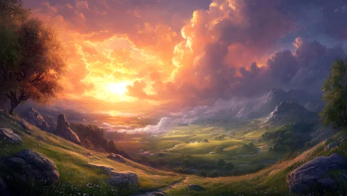 Sunlit valley landscape under expansive glowing clouds.
