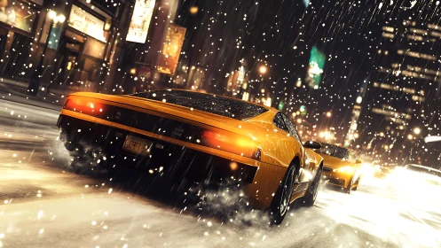 Yellow sports cars driving through snowy night city street.