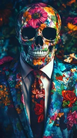 Floral skull portrait in vivid patterned suit and tie.