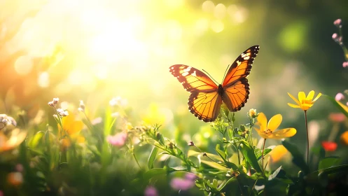 Monarch butterfly in sunlit meadow with high-key bokeh field.