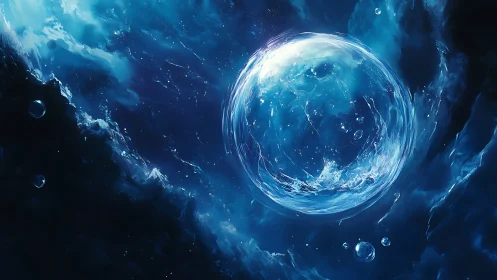 Spherical aqueous vortex suspended in turbulent deep blue fluid field